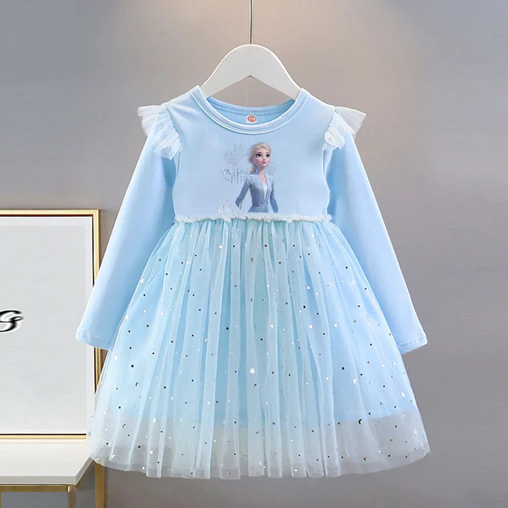 Vestido de Princesa Elsa (Frozen)| Manga Larga y Falda de Tul con Brillos (18M-8T)