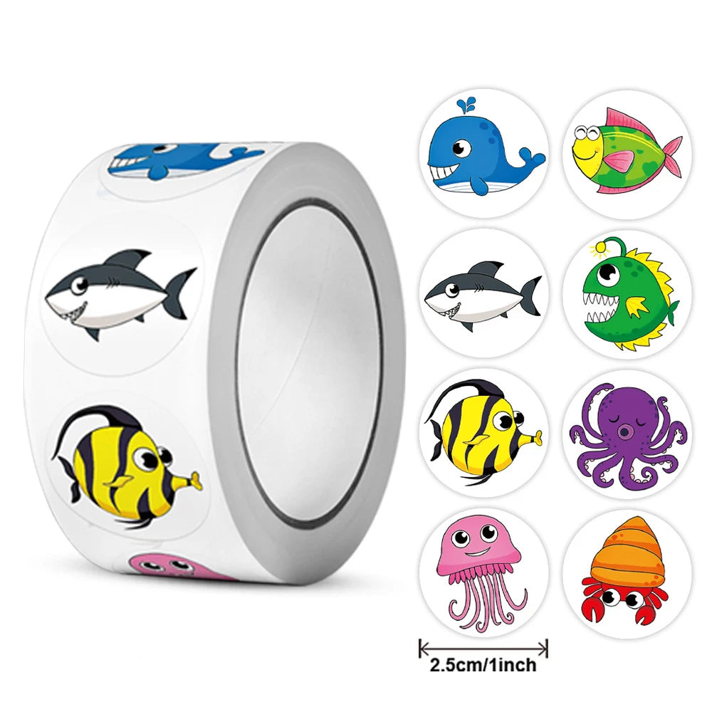Rollo de 500 Pegatinas: Animales Marinos y Recompensas Educativas