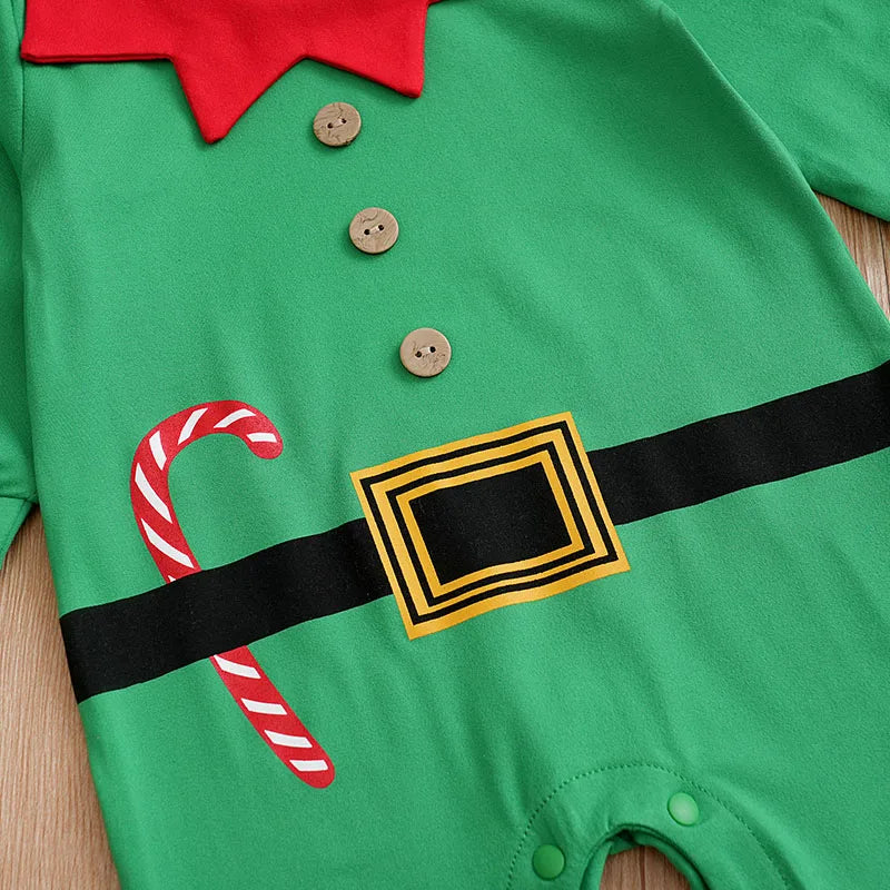 Disfraz de Duende Navideño: Mameluco y Gorro Festivo (0-18M)