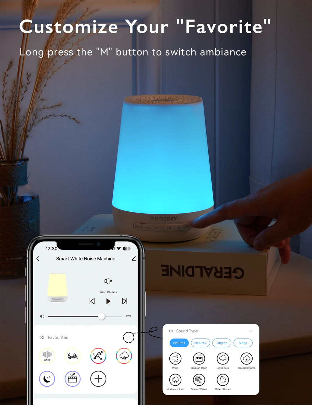 Máquina de Ruido Momcozy Smart | 34 Sonidos, Luz Nocturna RGB y Control Remoto por Aplicación (Wi-Fi)