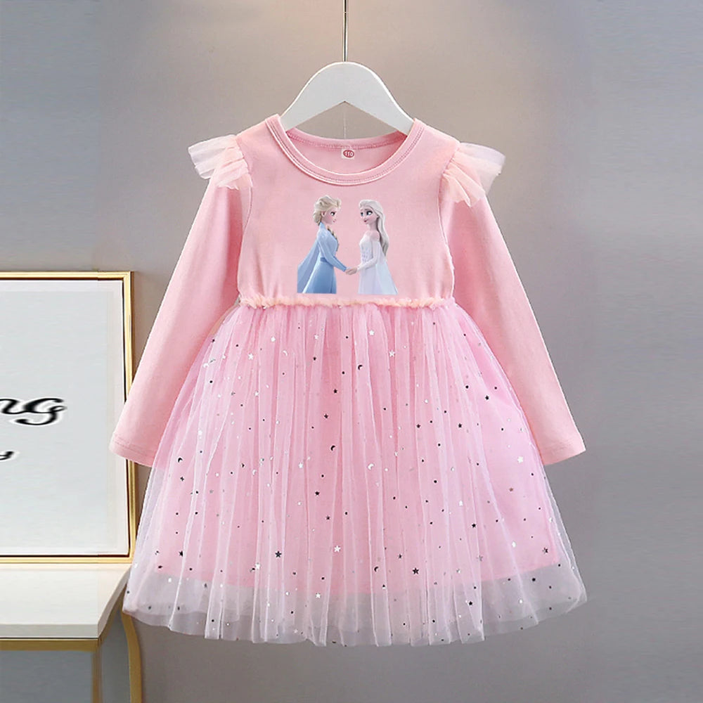 Vestido de Princesa Elsa (Frozen)| Manga Larga y Falda de Tul con Brillos (18M-8T)