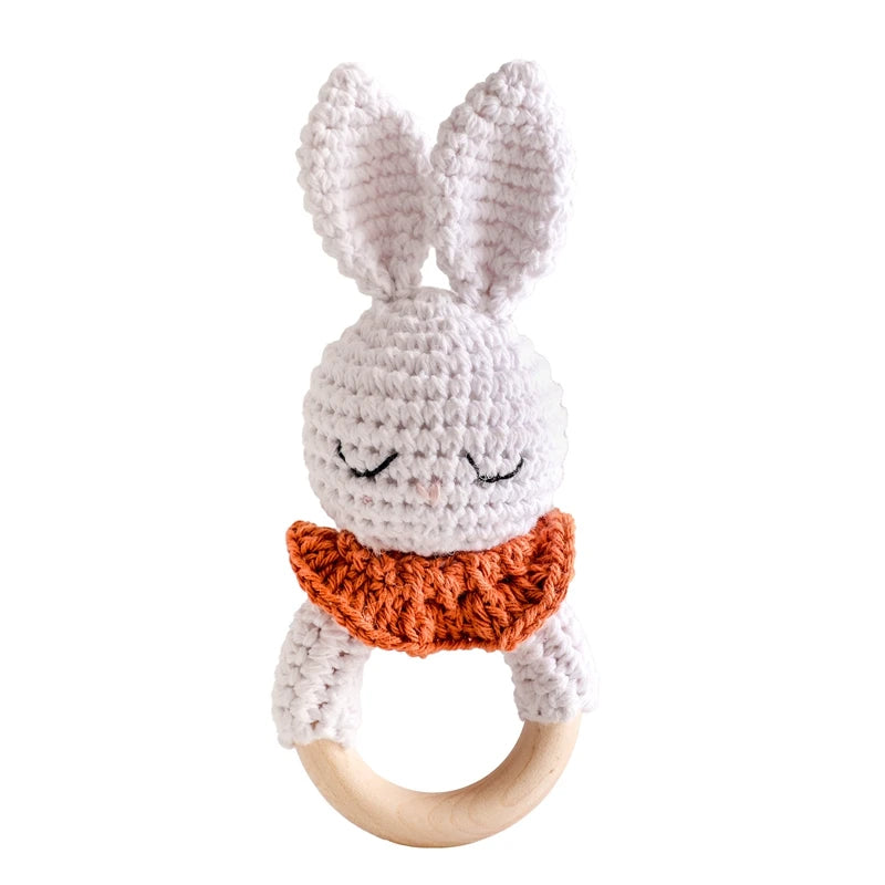Sonaja/Mordedora de animalitos y frutas tejidos a Crochet | Anillo de Madera Natural o Silicona