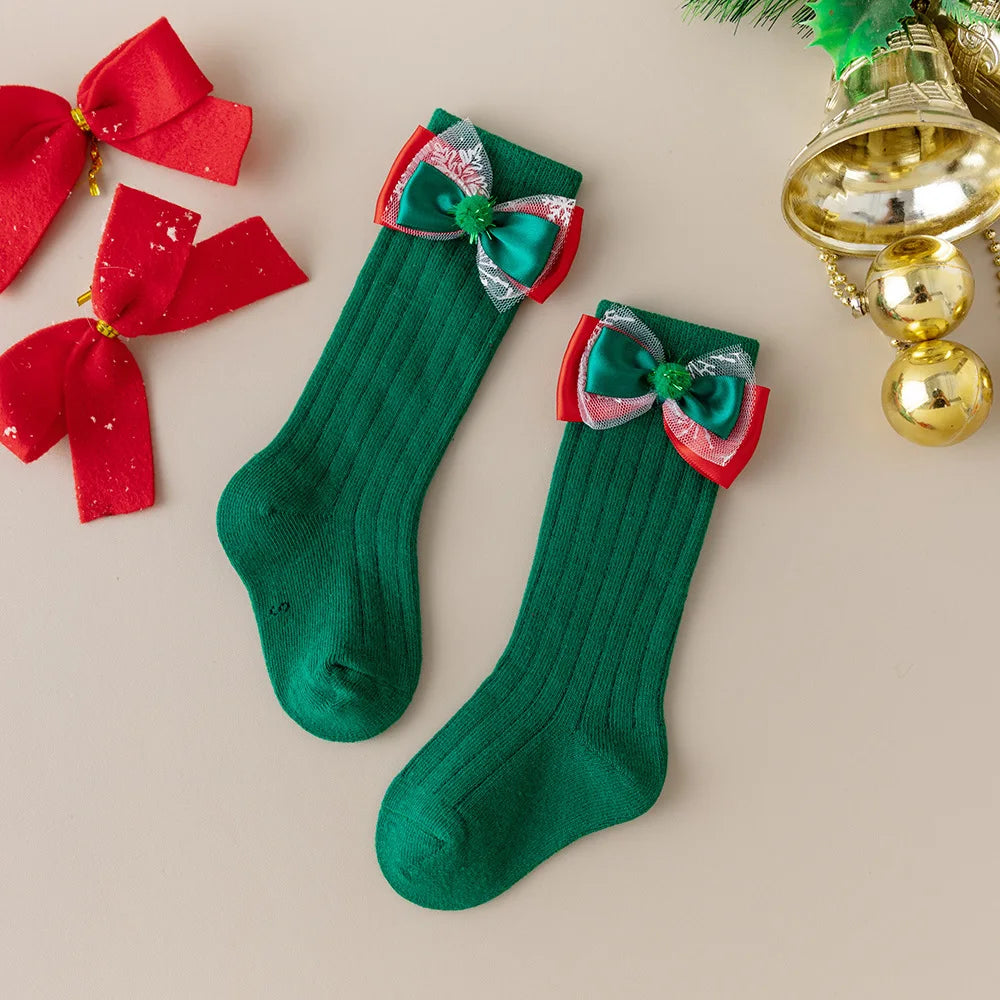 Calcetines Largos Navideños: Estilo Español y Moño (0-24M)