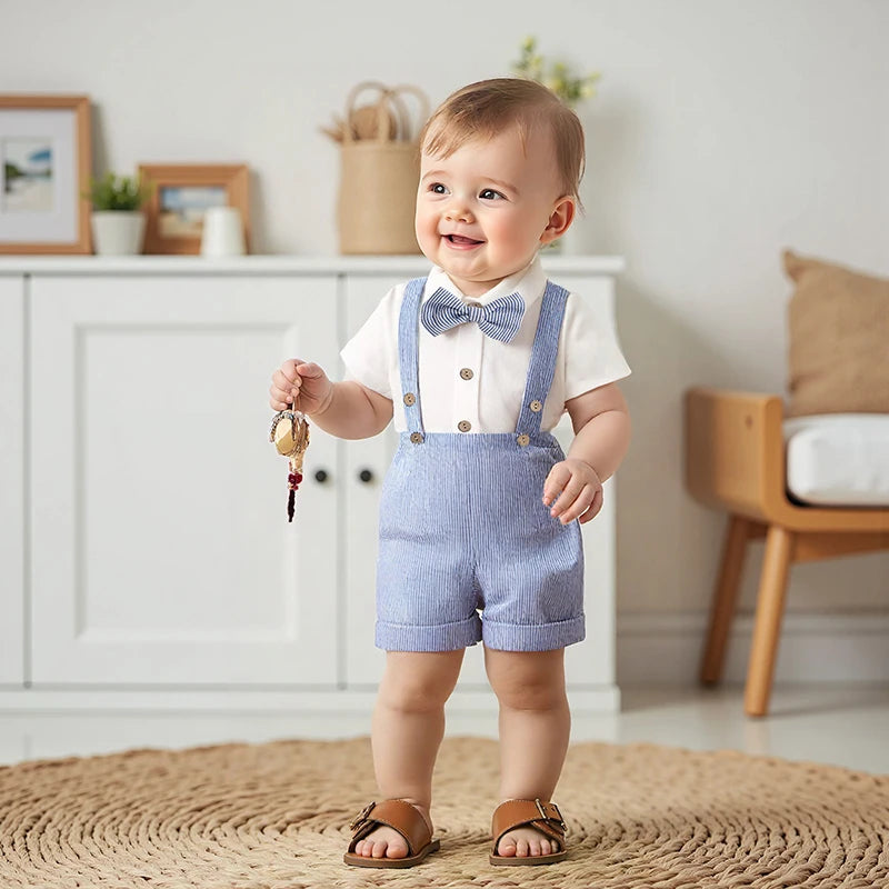 Conjunto Formal para Bebé : Mameluco, Pantalón Corto y Corbatín (0-18M)
