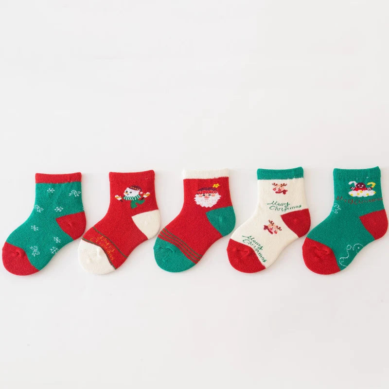 Set de 5 Pares de Calcetines Navideños para Bebés y Niños | Algodón Grueso, Tubo Medio (0-3 Años)