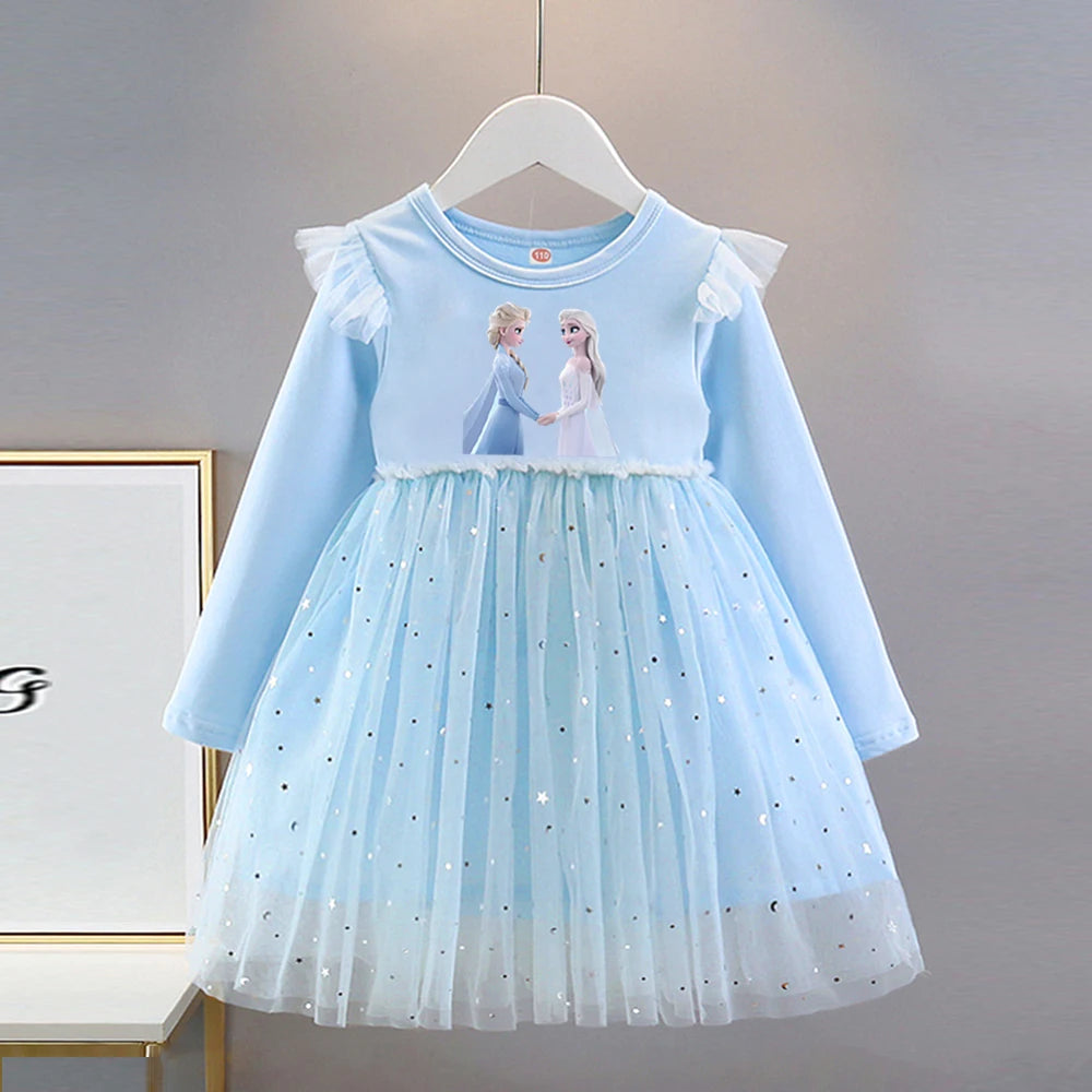 Vestido de Princesa Elsa (Frozen)| Manga Larga y Falda de Tul con Brillos (18M-8T)