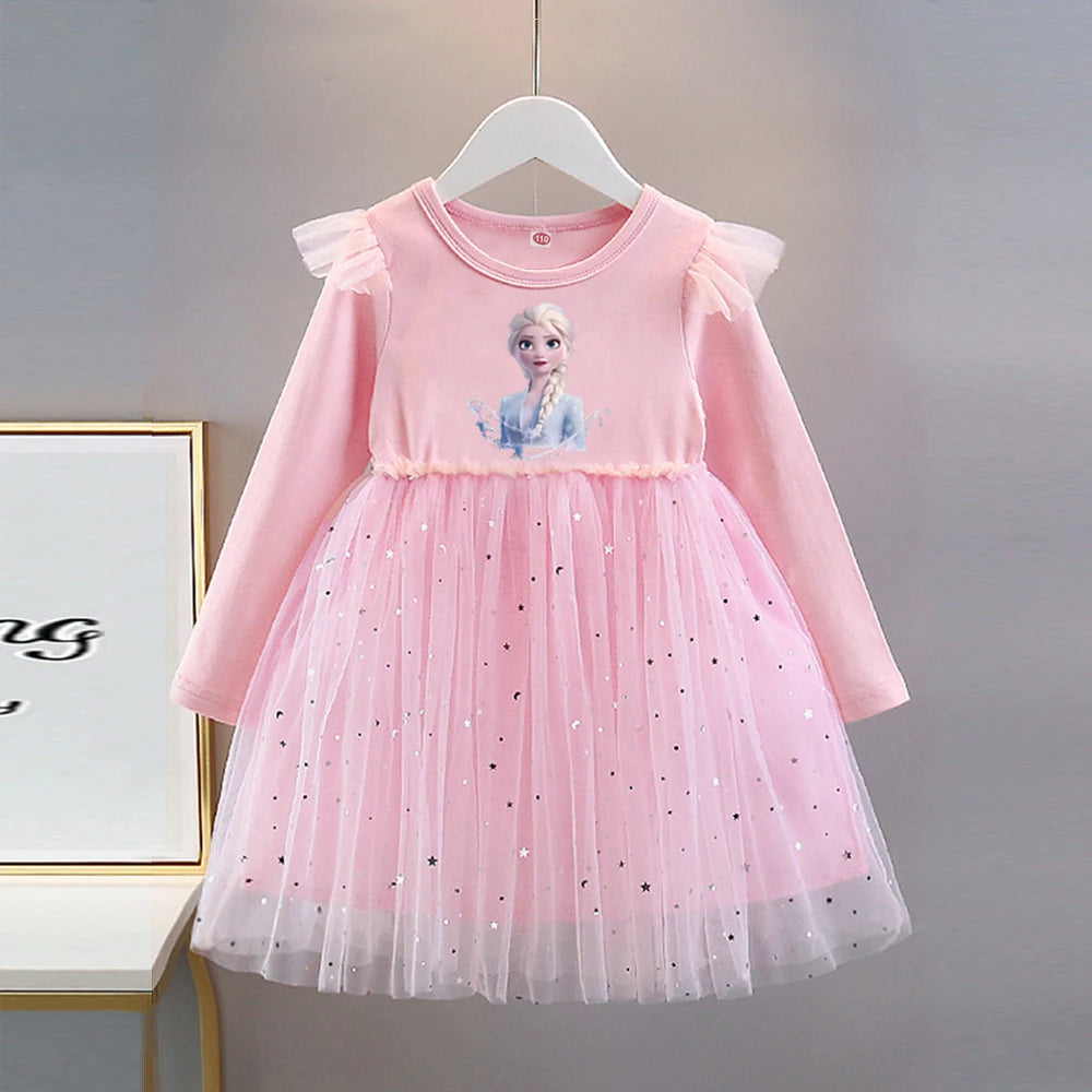 Vestido de Princesa Elsa (Frozen)| Manga Larga y Falda de Tul con Brillos (18M-8T)