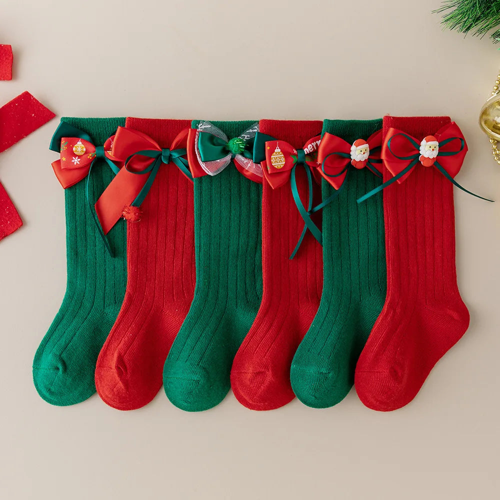 Calcetines Largos Navideños: Estilo Español y Moño (0-24M)