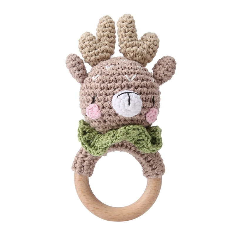 Sonaja/Mordedora de animalitos y frutas tejidos a Crochet | Anillo de Madera Natural o Silicona