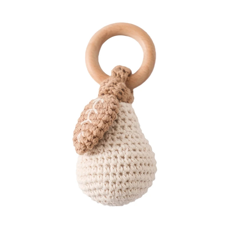 Sonaja/Mordedora de animalitos y frutas tejidos a Crochet | Anillo de Madera Natural o Silicona