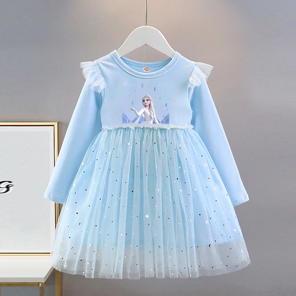 Vestido de Princesa Elsa (Frozen)| Manga Larga y Falda de Tul con Brillos (18M-8T)