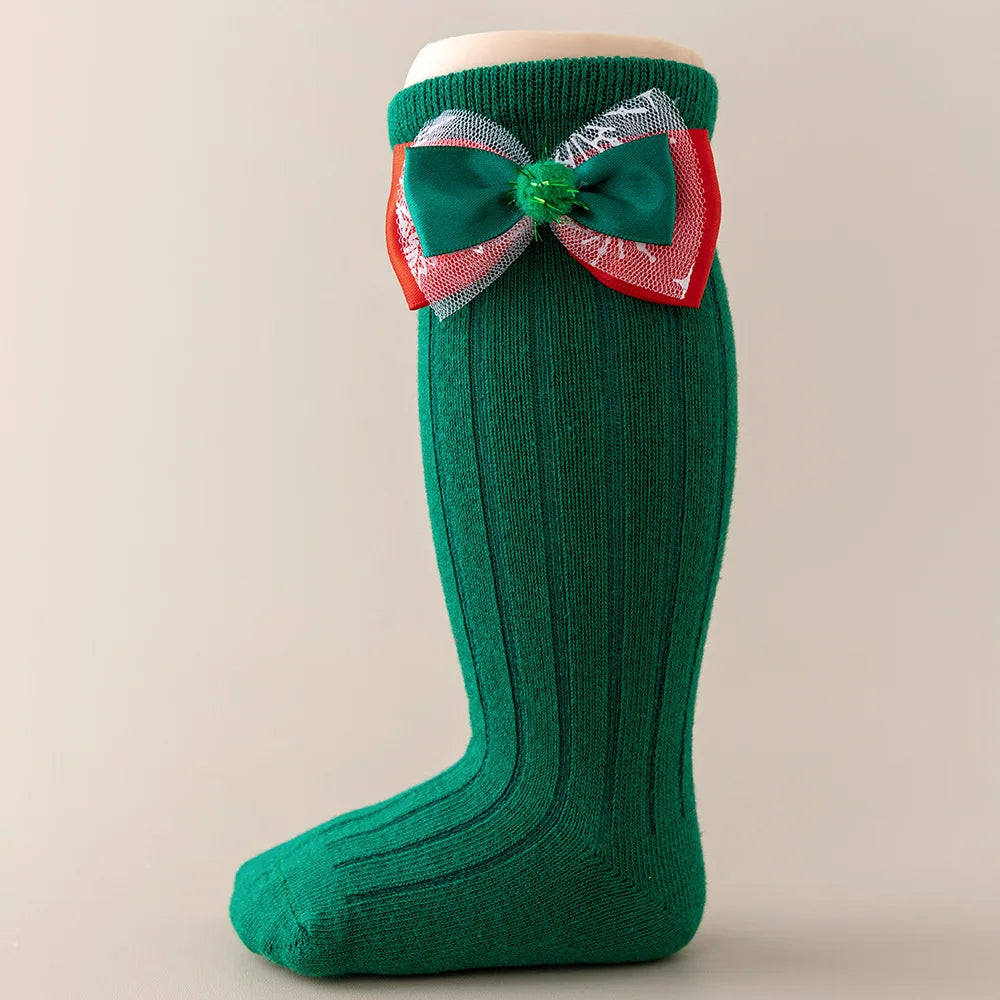 Calcetines Largos Navideños: Estilo Español y Moño (0-24M)