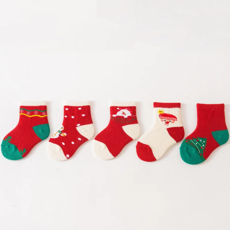 Set de 5 Pares de Calcetines Navideños para Bebés y Niños | Algodón Grueso, Tubo Medio (0-3 Años)