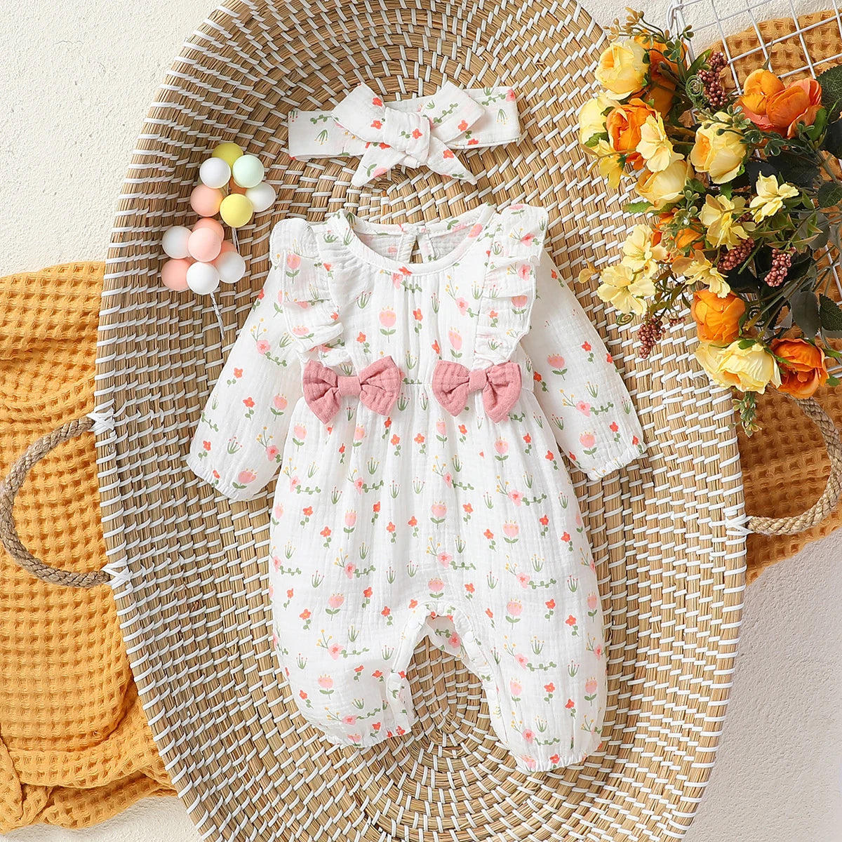 Mameluco Floral con Diadema (0-6M)