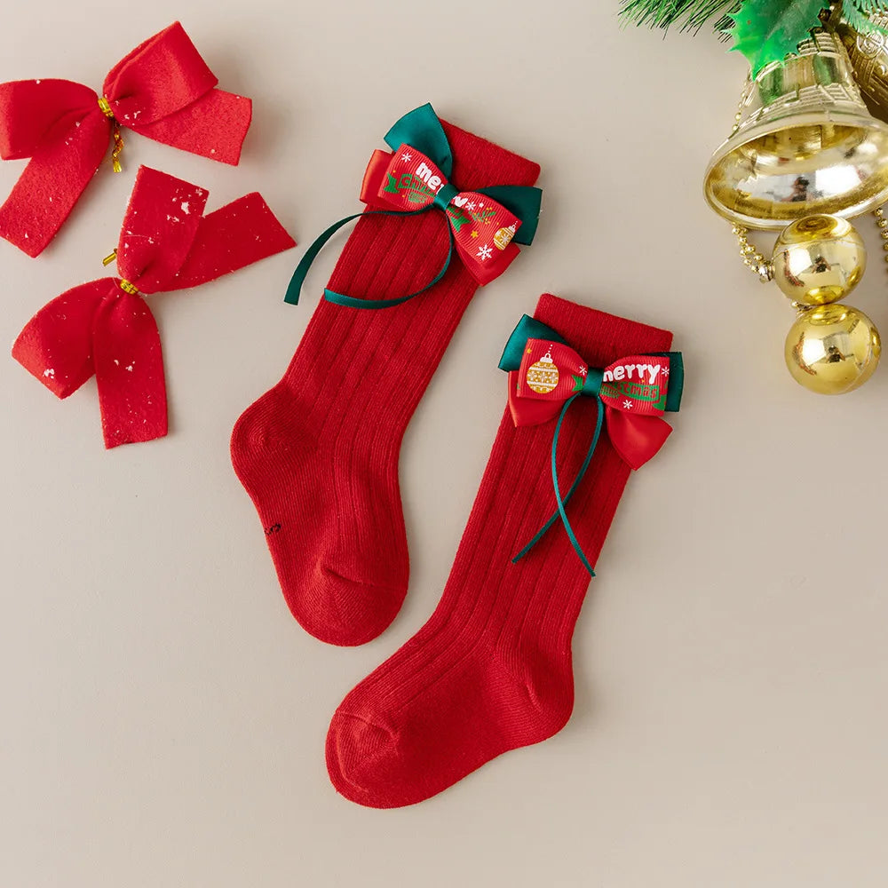 Calcetines Largos Navideños: Estilo Español y Moño (0-24M)