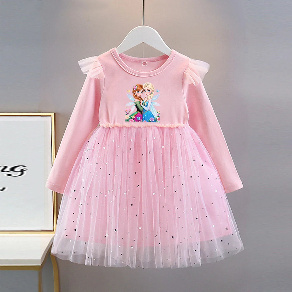 Vestido de Princesa Elsa (Frozen)| Manga Larga y Falda de Tul con Brillos (18M-8T)