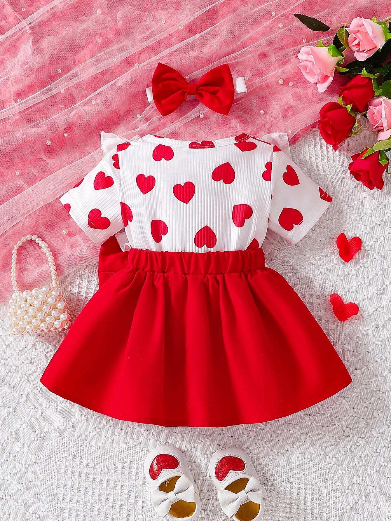 Conjunto Verano Bebé: Blusa Corazones y Falda Roja con Diadema (3-24M)