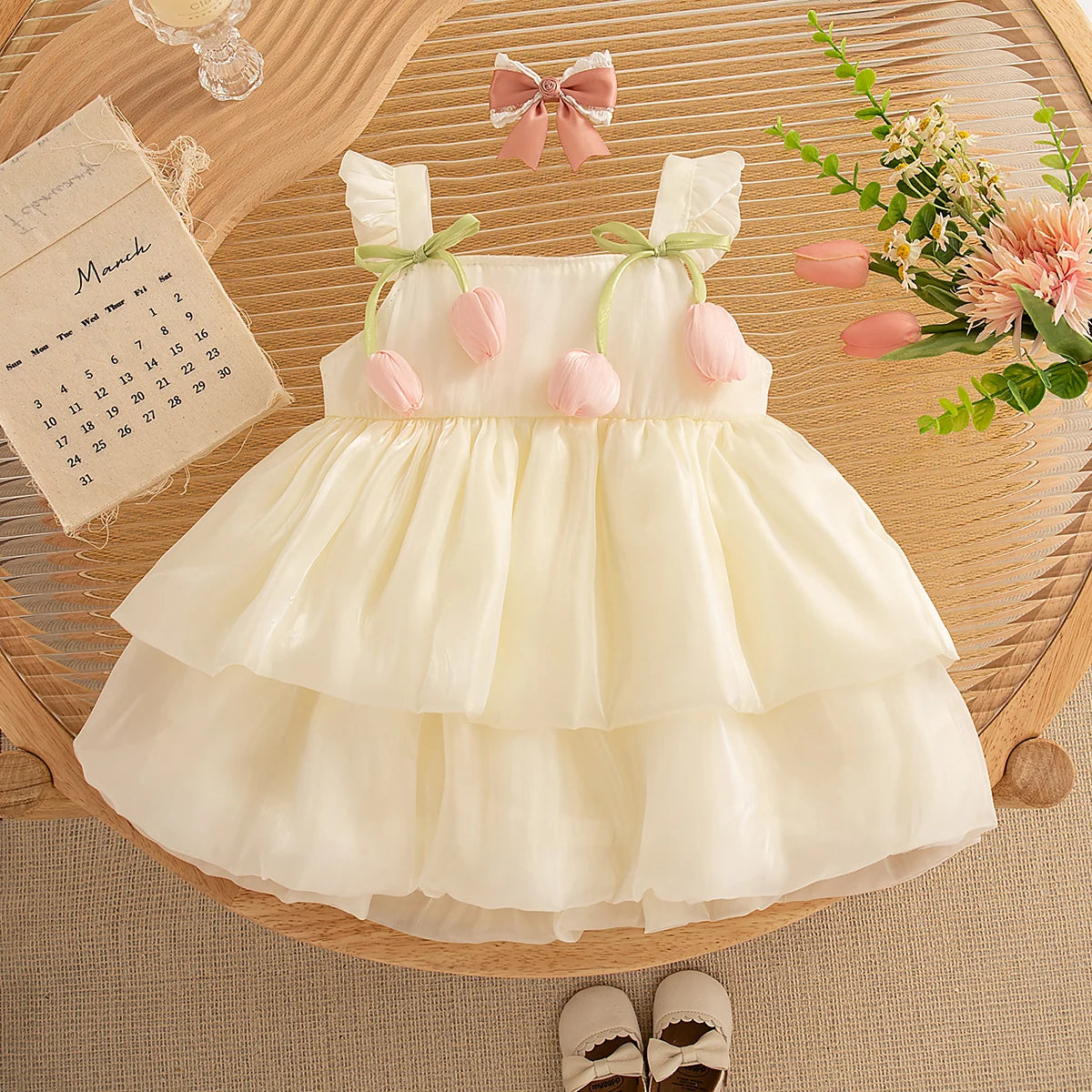 Vestido Princesa "Sueño Floral": Tutú de Capas con Lazo (6M-3T)