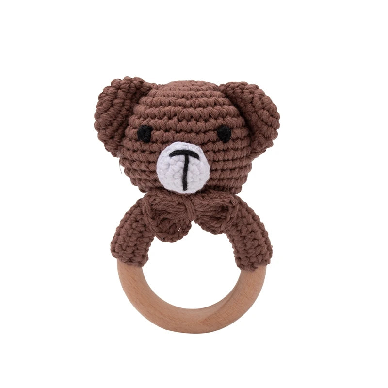 Sonaja/Mordedora de animalitos y frutas tejidos a Crochet | Anillo de Madera Natural o Silicona