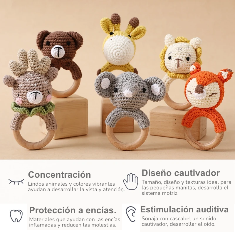 Sonaja/Mordedora de animalitos y frutas tejidos a Crochet | Anillo de Madera Natural o Silicona