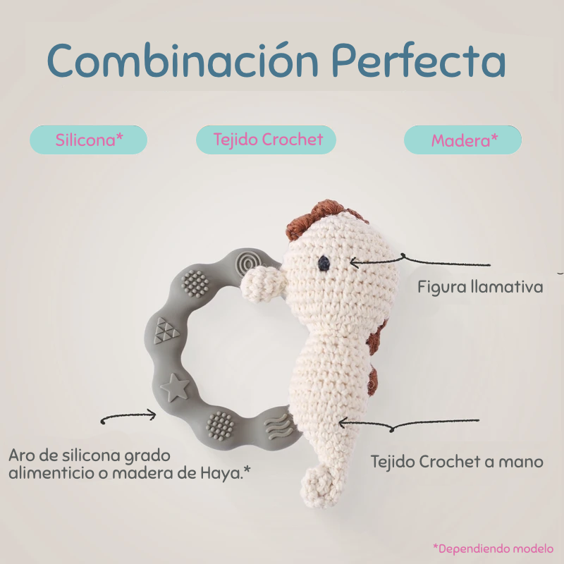 Sonaja/Mordedora de animalitos y frutas tejidos a Crochet | Anillo de Madera Natural o Silicona