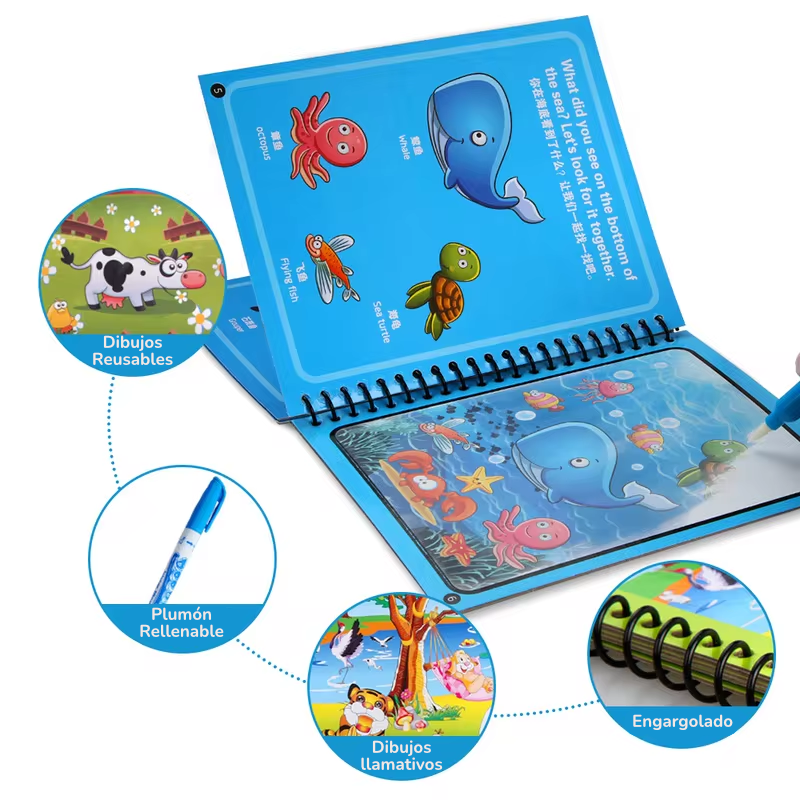 Libro Mágico para Colorear con Agua | Reutilizable 5 Páginas | Cero Desorden