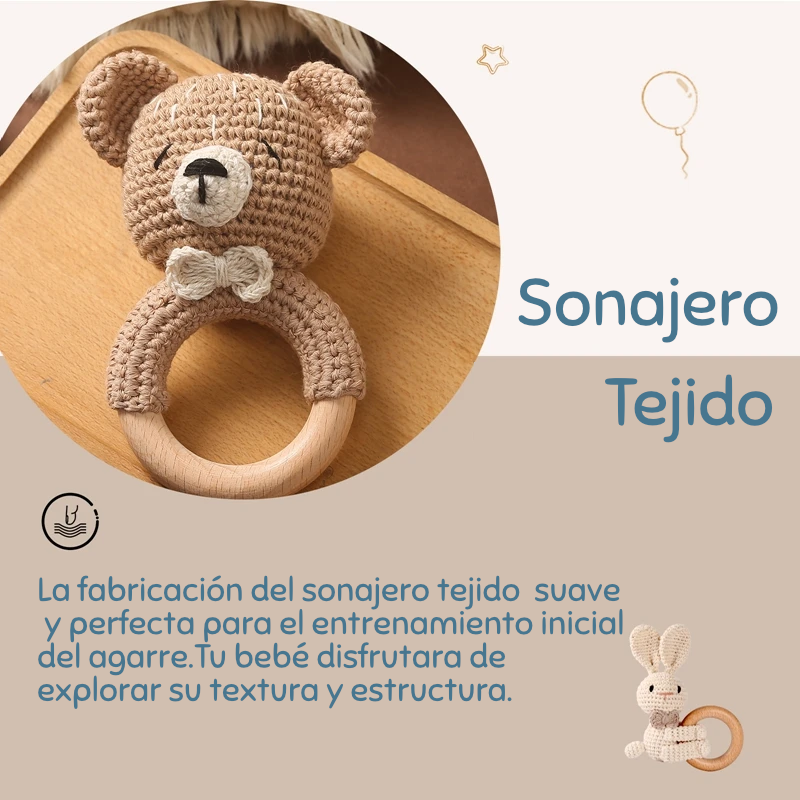 Sonaja/Mordedora de animalitos y frutas tejidos a Crochet | Anillo de Madera Natural o Silicona