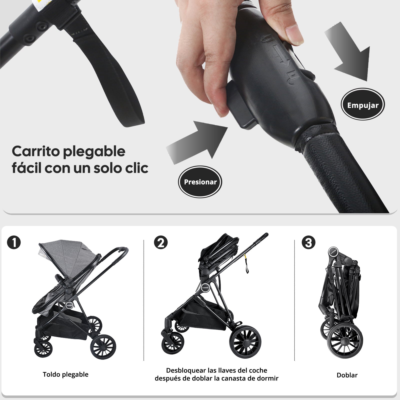 Carriola de Bebé Convertible 5 en 1 Plegable con Asiento Reversible y Amortiguación Premium