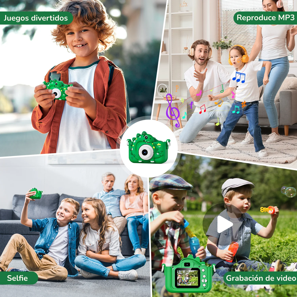 Cámara Digital HD 1080P para Niños | Diseño de Dinosaurio, Doble Cámara, 32GB Incluidos