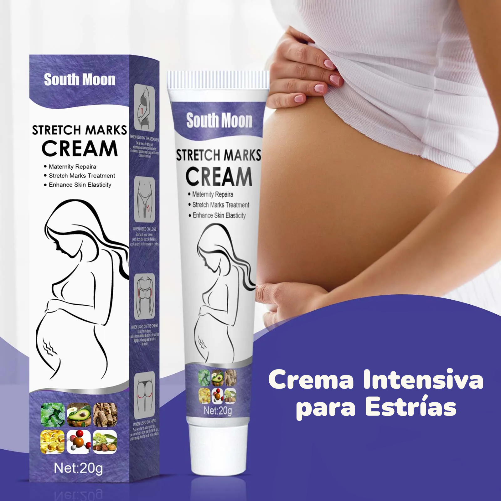 Crema Intensiva para Estrías South Moon | Mejora Elasticidad, Desvanece Líneas de Crecimiento y Reafirma